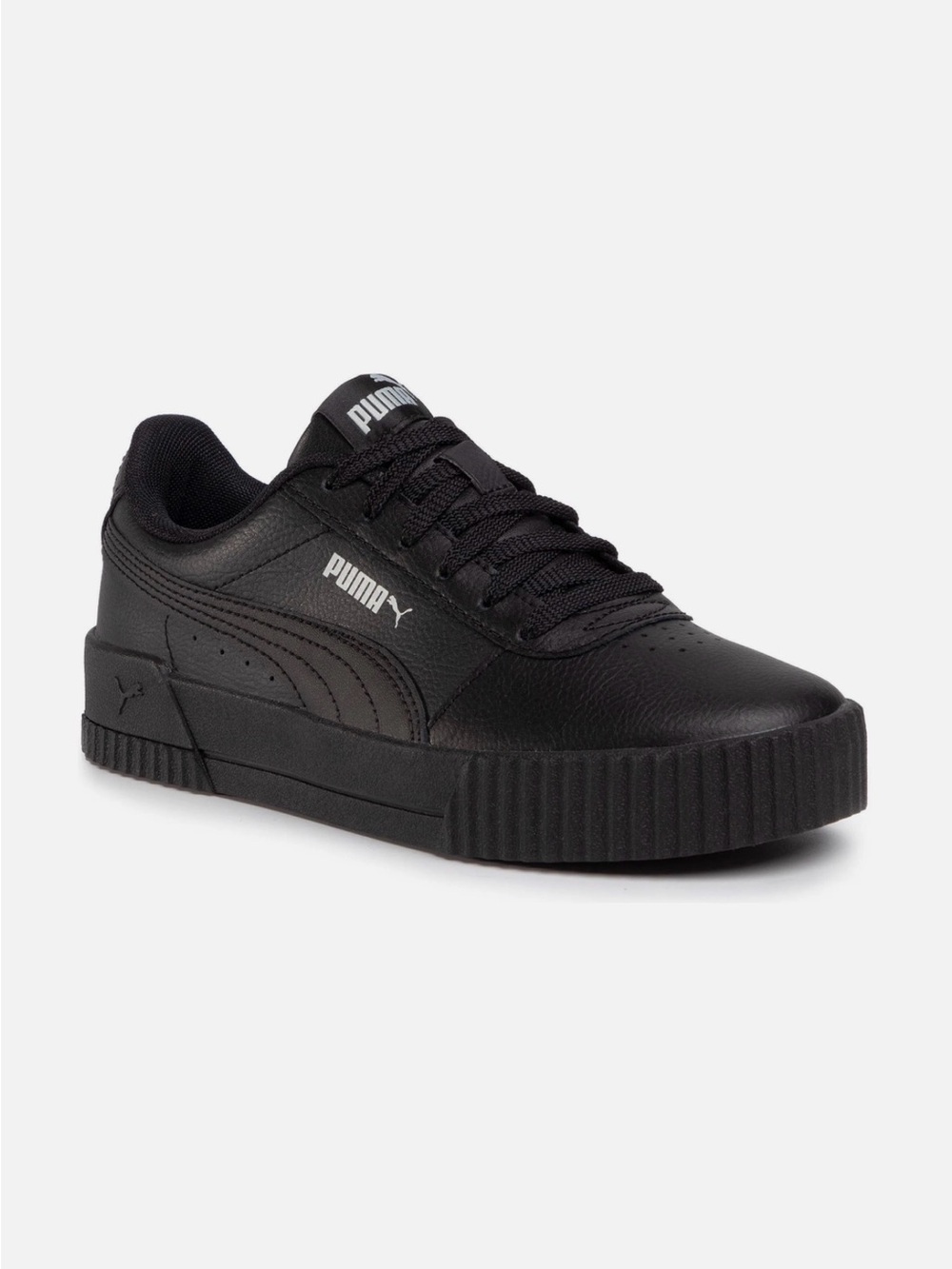 PUMA Juniors’ Carina Leather Sneakers, All-Black (Size 5.5)